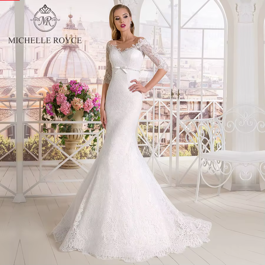 Michelle Royce robes De mariée sirène col en v Appliques Empire ceintures nœud bouton Court Train ro