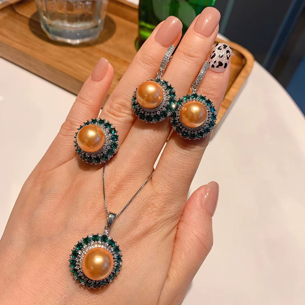 Ensemble de bijoux de luxe rétro, 12mm, couleur or, grande perle, émeraude, pendentif, collier, bagu