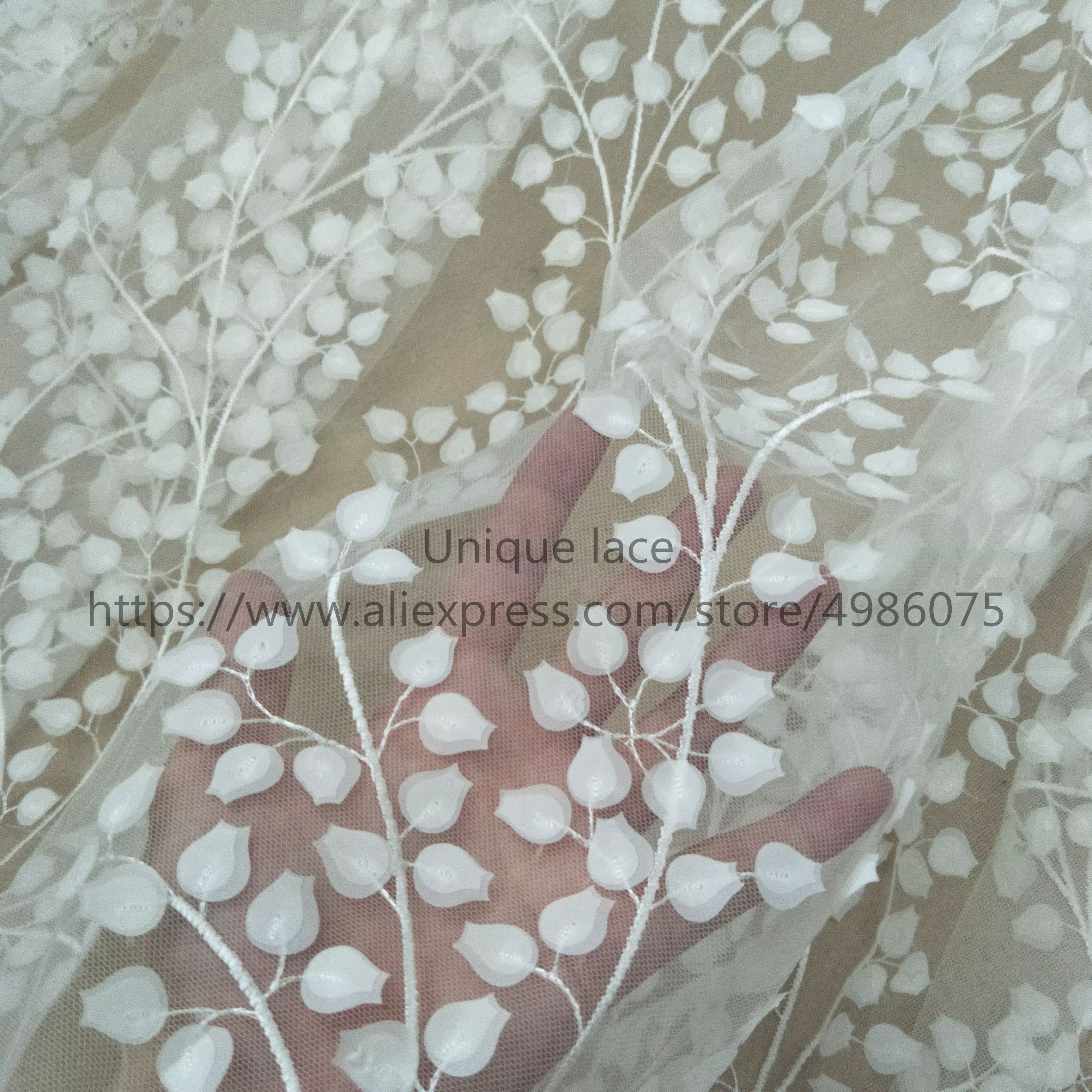 Robe de mariée élégante en dentelle laser ivoire, tissu en dentelle, feuilles 3D, vente au mètre, 20