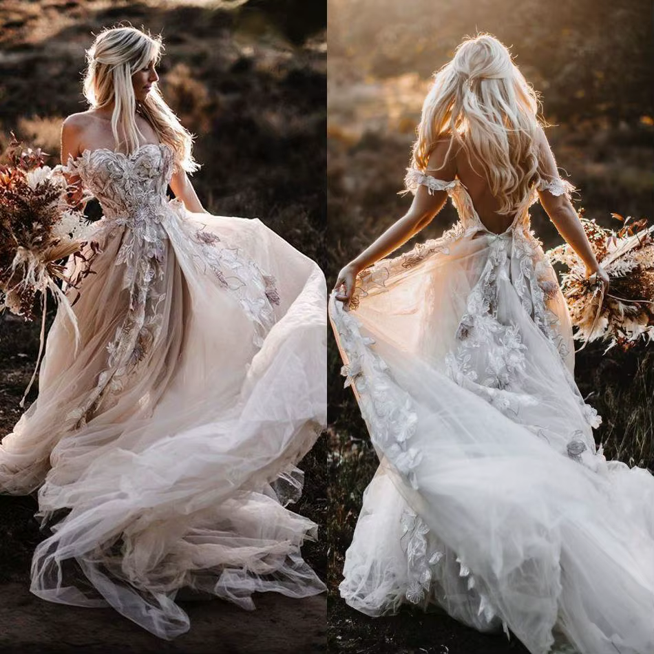 Robes de mariée personnalisées bohème robes de mariée hors de l'épaule Sexy dos nu dentelle appliqué