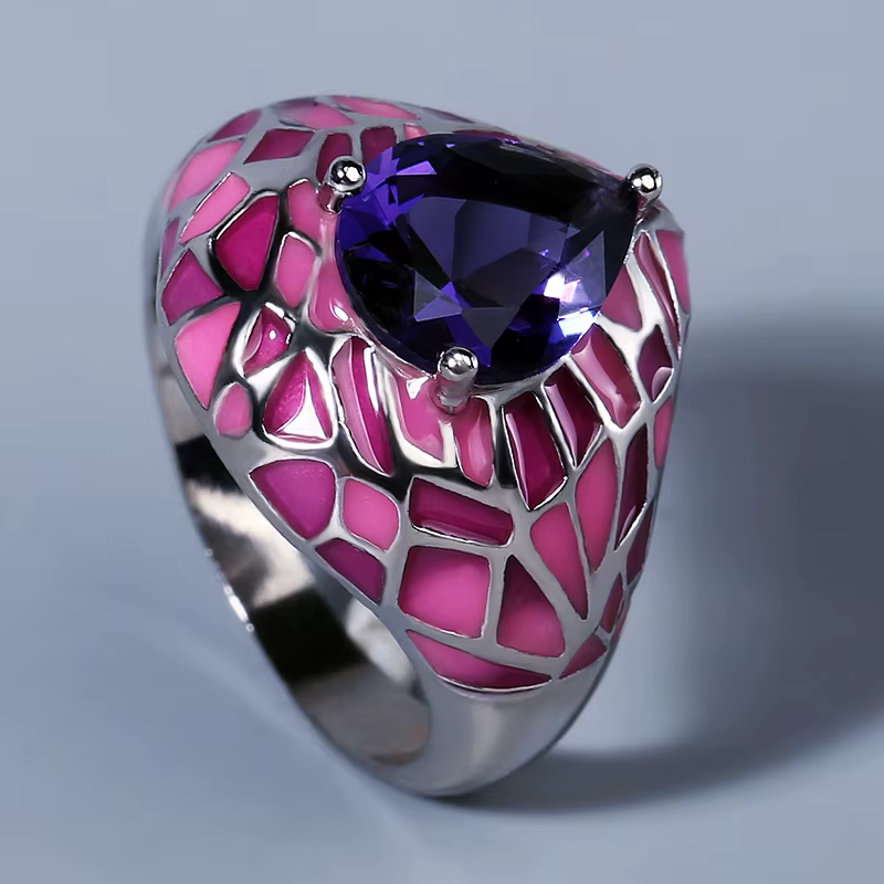 Bague en argent 925 pour femme, grand zircon bleu foncé, époxy rose, bijou créatif irrégulier, émail