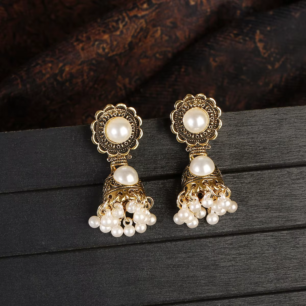 Boucles d'Oreilles Ethniques Noires Géométriques en Or, Bijoux Indiens avec Cloche Turque Vintage po