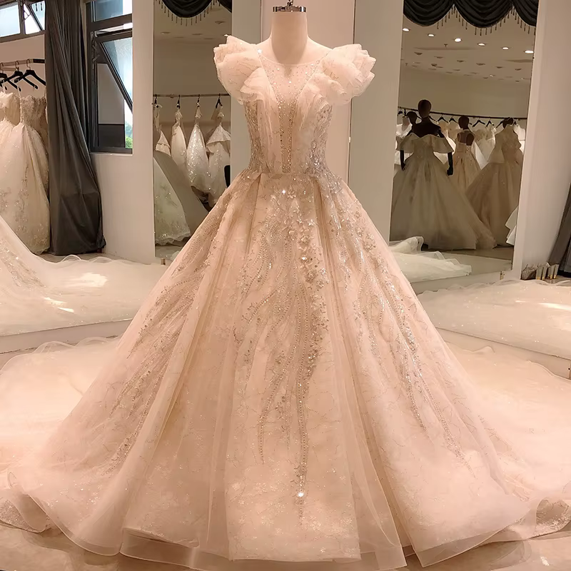 SL5604-Robe de Mariée Personnalisée avec Manches à Volants, Dentelle Vintage de Luxe, Paillettes Per