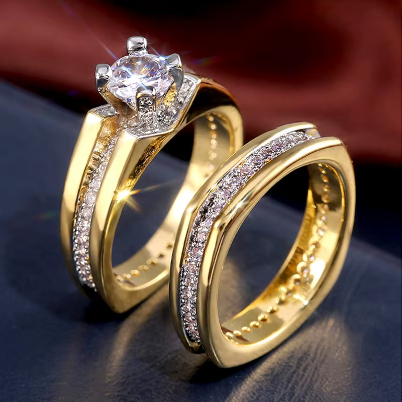 Huitan – ensemble de bagues de mariage pour femmes, rondes en cristal de zircone, 2 pièces, bagues d