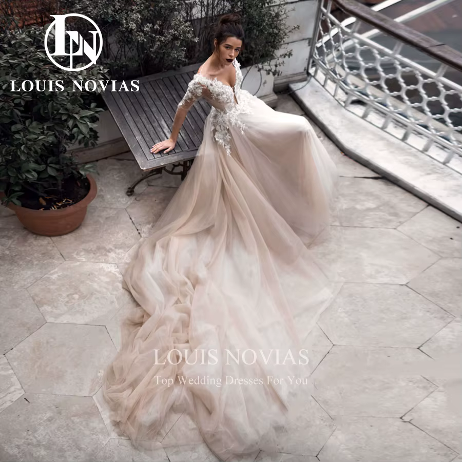 Modiis-Robe de mariée A-Line avec fleurs brodées perlées, col en V, demi-manches, tulle fluide, trai