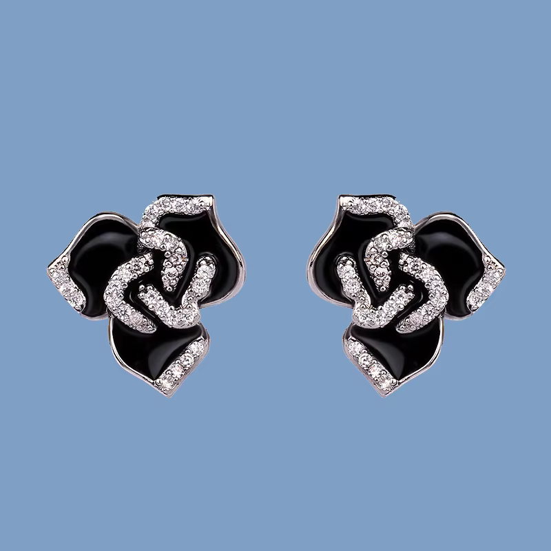Boucles d'oreilles pendantes fleur en argent 2024 pour femmes, bijoux en émail faits à la main, noir