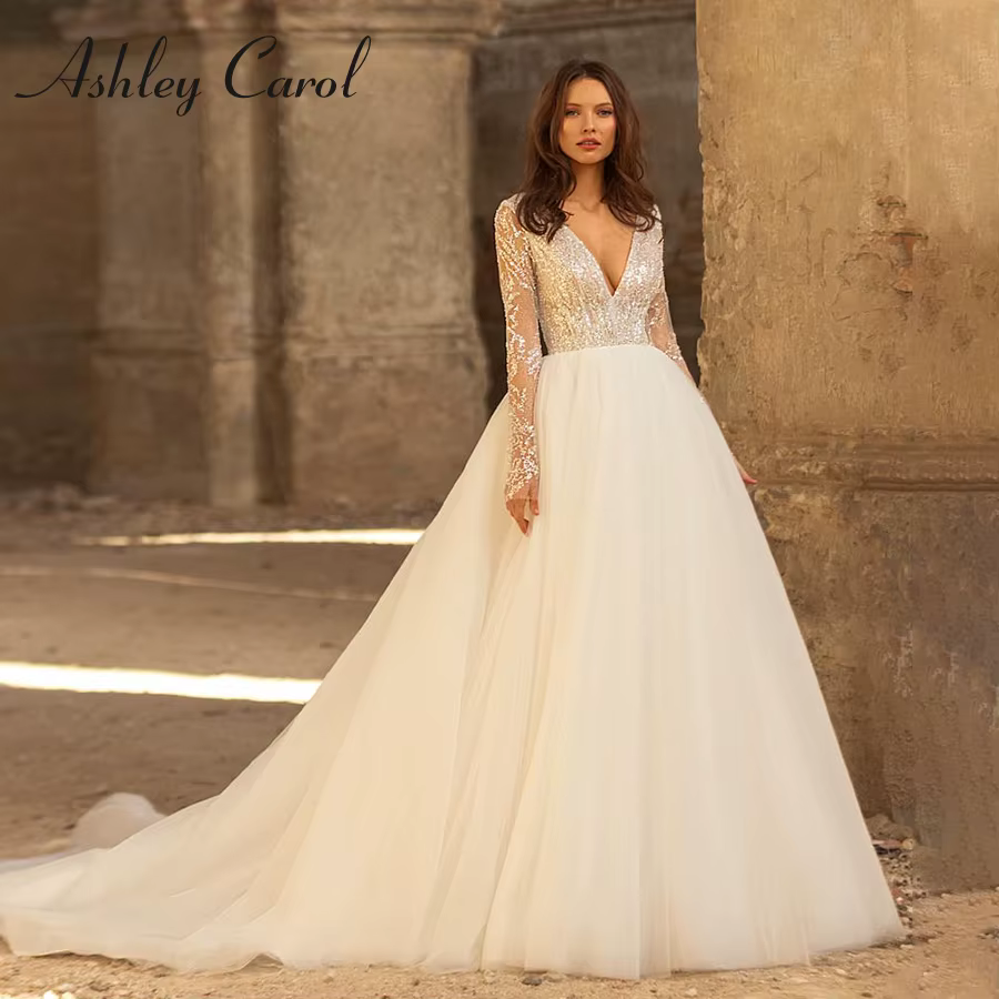 Ashley Carol robe de mariée trapèze Sexy délicate perlée scintillante col en v mariée pure manches l