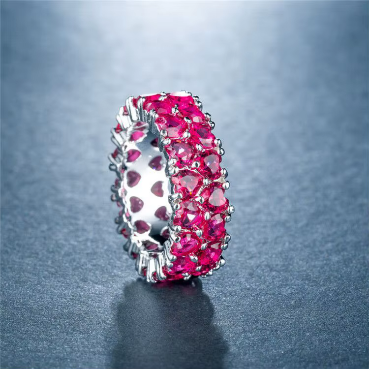 Mode dame 925 argent luxe rose en forme de coeur plein diamant Zircon bague de fiançailles bijoux de