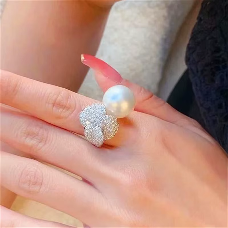 Petaux de luxe grandes bagues en perles pour femmes, nouvelle fête de mariage, strass brillants, ann