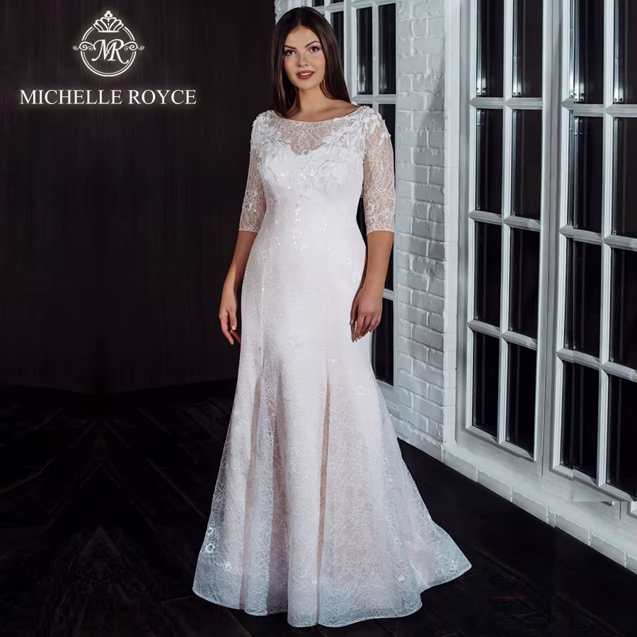 Michelle Royce-Robes de mariée sirène, col rond, demi-manches, bouton, balayage, train, grande taill