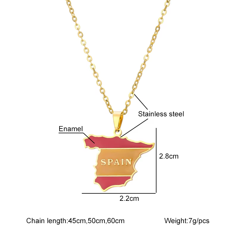 Collier pendentif carte espagnole pour hommes et femmes, acier inoxydable, or, argent, document ethn