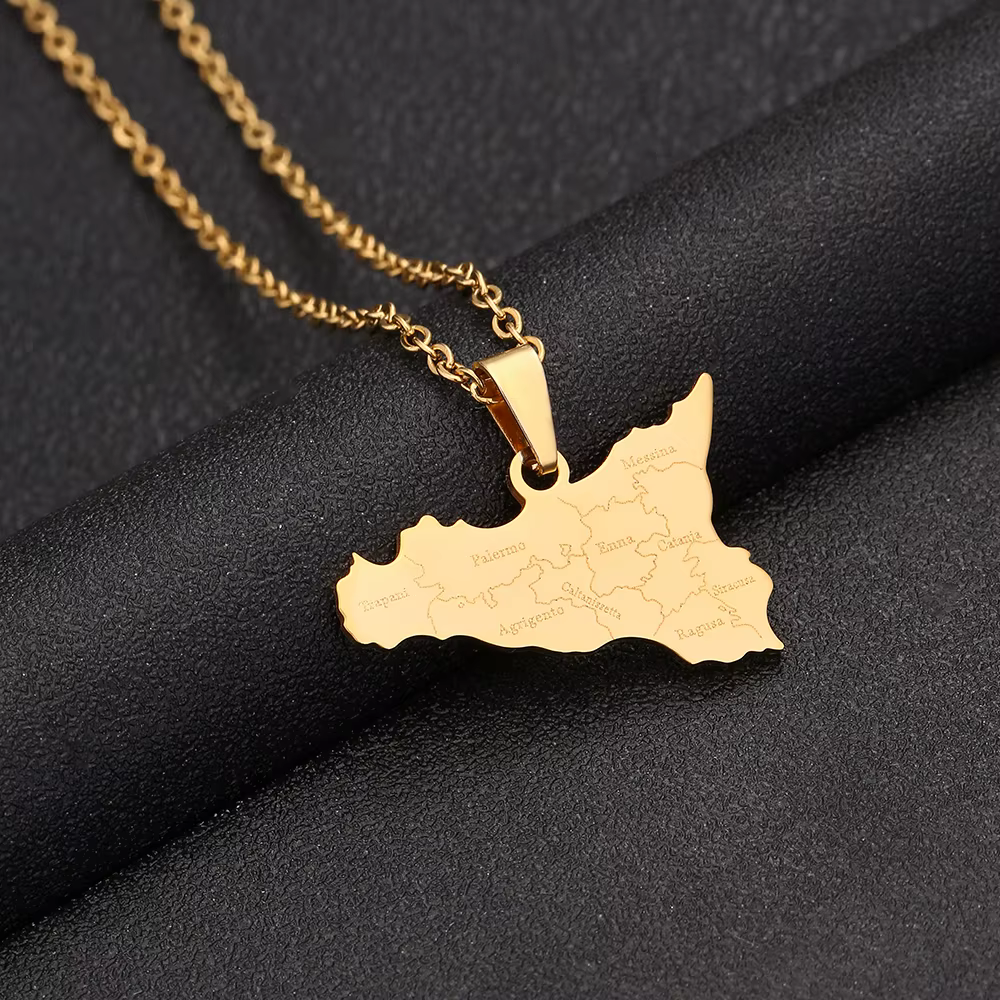 Italie Sicile Carte & Villes Nom Pendentif Collier En Acier Inoxydable Pour Femmes Hommes Or Argent 