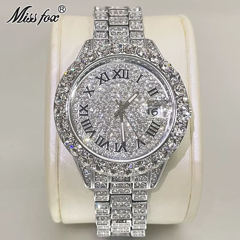 MISSFOX-Montre-bracelet à quartz étanche pour femme, bijoux de luxe, diamant glacé, marque hip hop, 