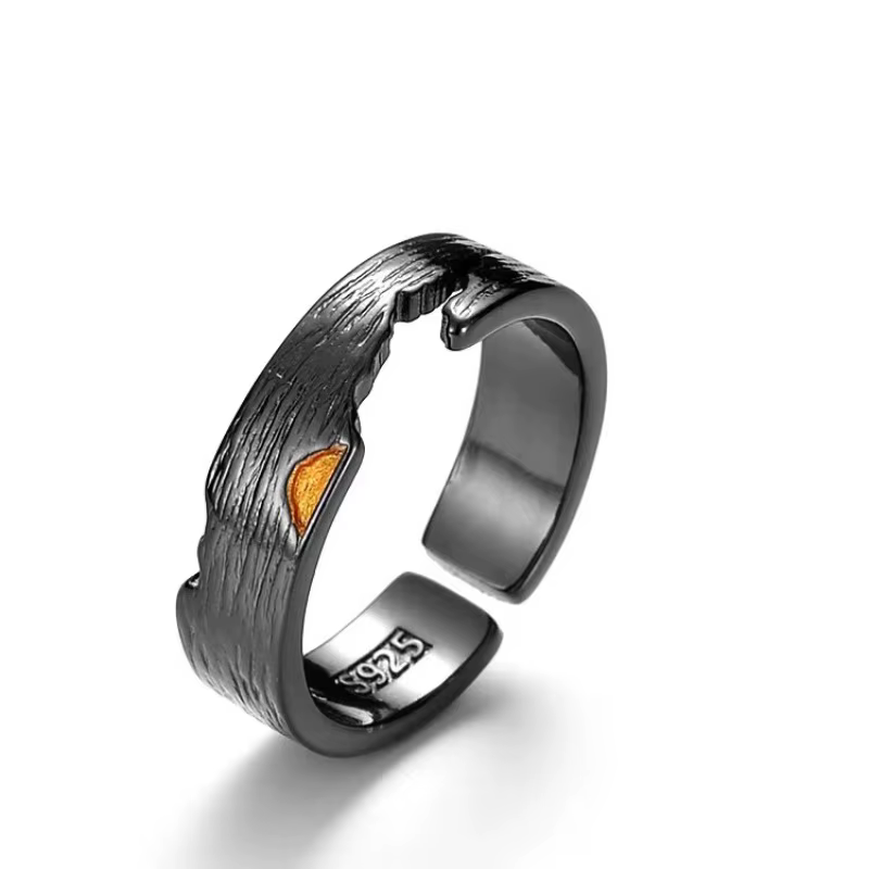 Bague d'index à Texture craquelée noire pour hommes, anneau ouvert réglable, bijoux rétro minimalist