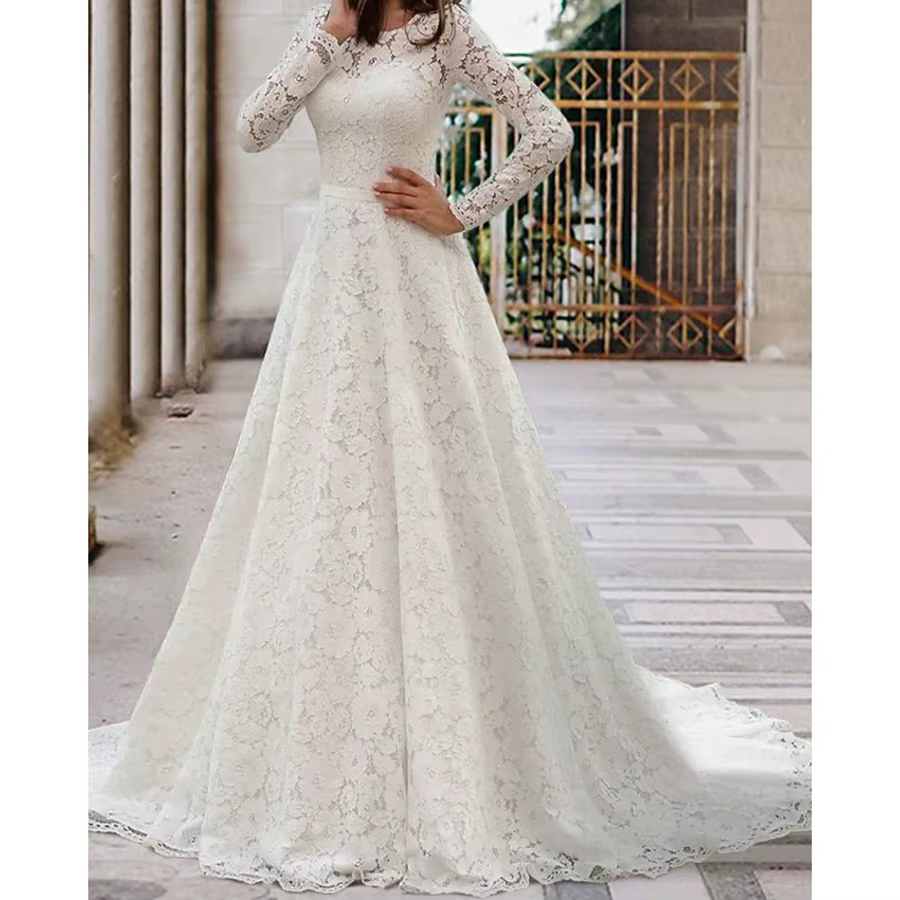 Robe de mariée romantique exquise en dentelle longue, sexy, à manches longues illusion, avec traîne 