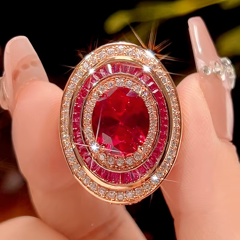 Collier ovale en rubis rouge plaqué or Rose, bague réglable, bijoux de déclaration de Style Vintage 