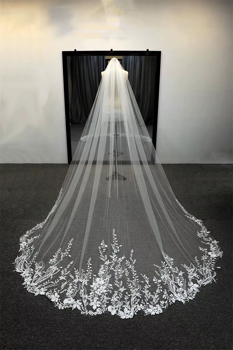 Scintillant blanc ivoire longs voiles de mariée voile de mariage dentelle Appliques doux Net cathédr
