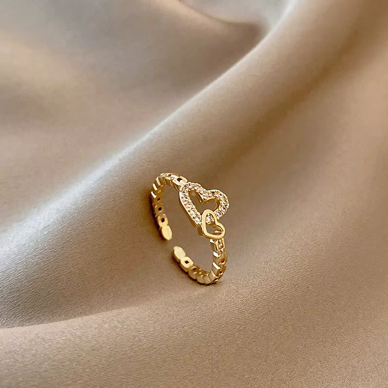 Bagues ouvertes Double cœur pour femmes, couleur or, chaîne en cristal, bijoux de fête coréenne pour