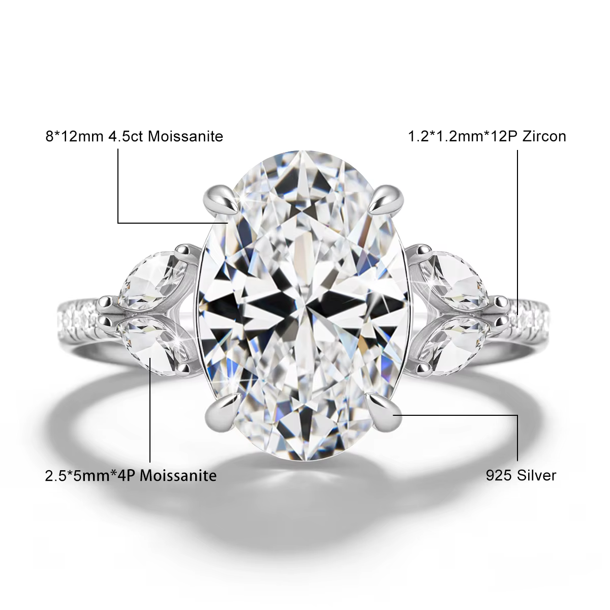 Bague en Moissanite ovale 4,5 carats couleur D, plaqué or 14K véritable, couche de placage or épaiss