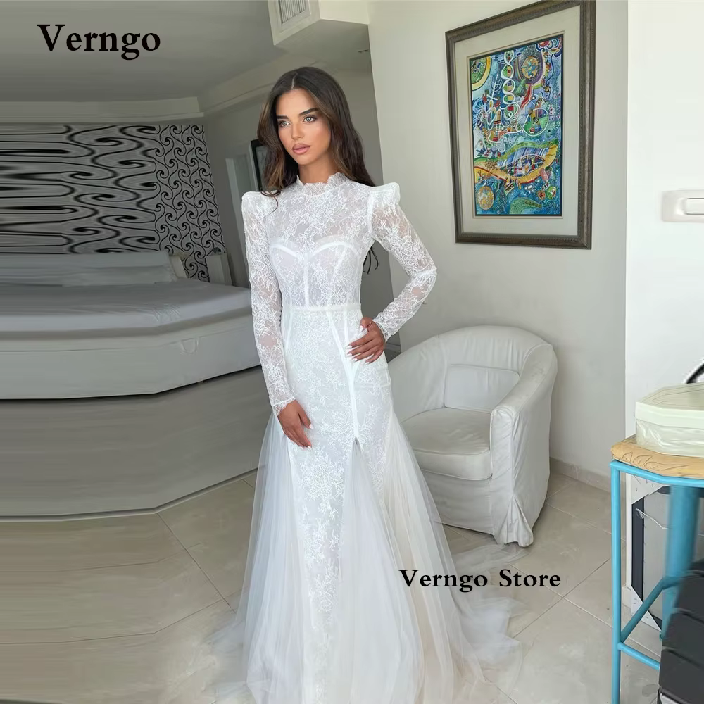 Verngo-Robe de Mariée Élégante en Dentelle de Forme Sirène pour Femme, Tenue à Manches sulf, Col Hau