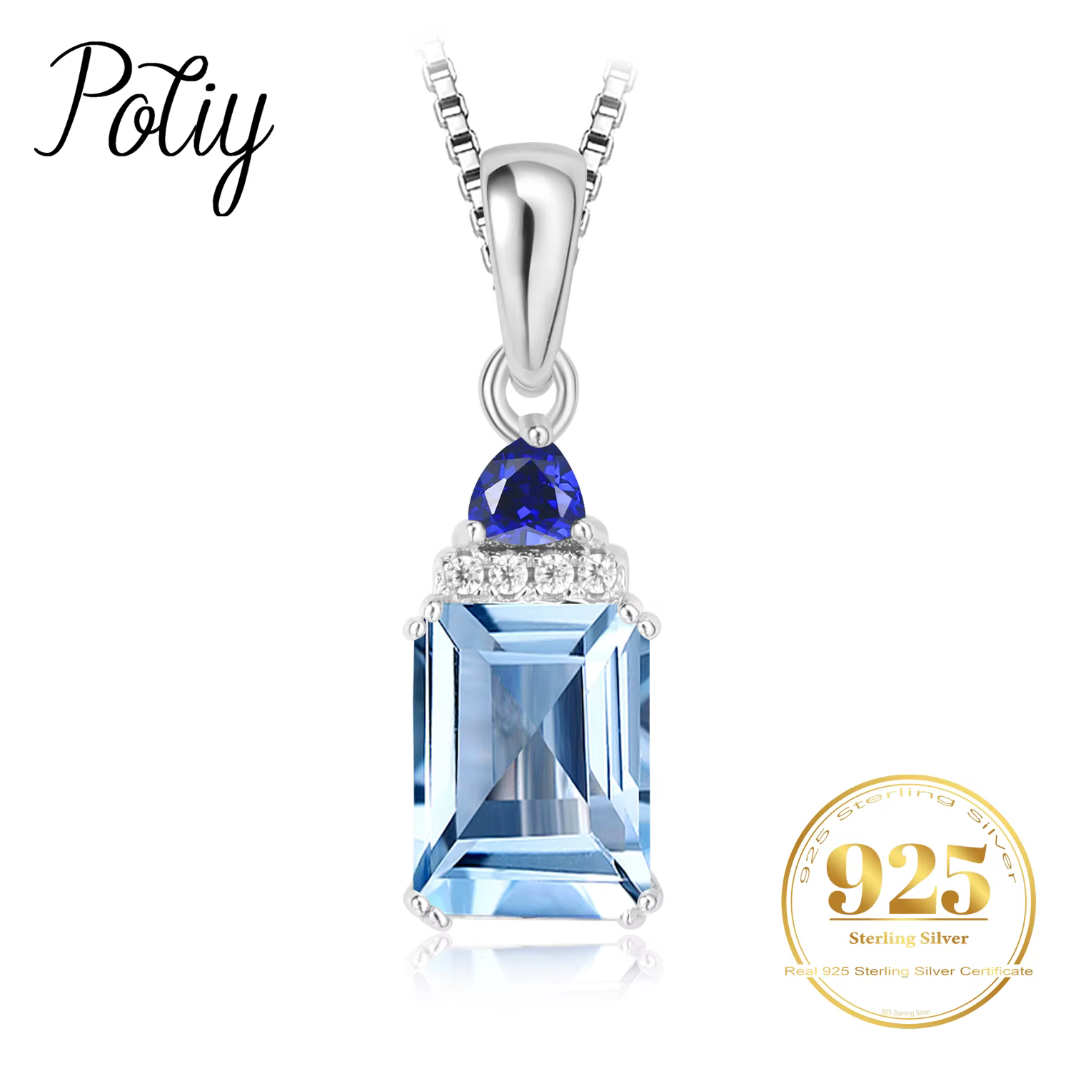Collier pendentif Potiy en argent sterling 925 avec topaze bleue ciel et saphir synthétique taille é