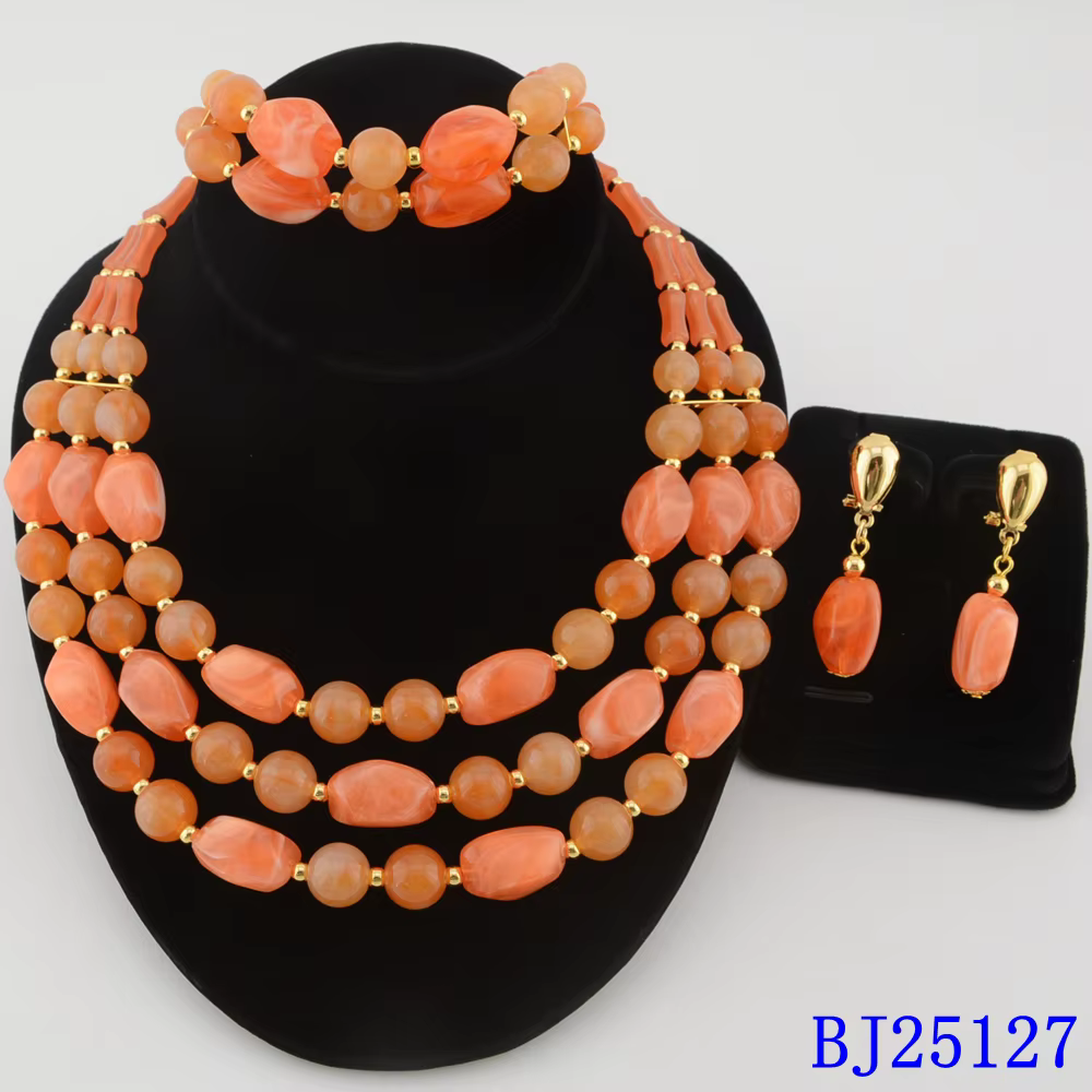 Ensemble de bijoux en perles de corail pour femmes africaines, style Dubaï de luxe, plaqué, 4 pièces
