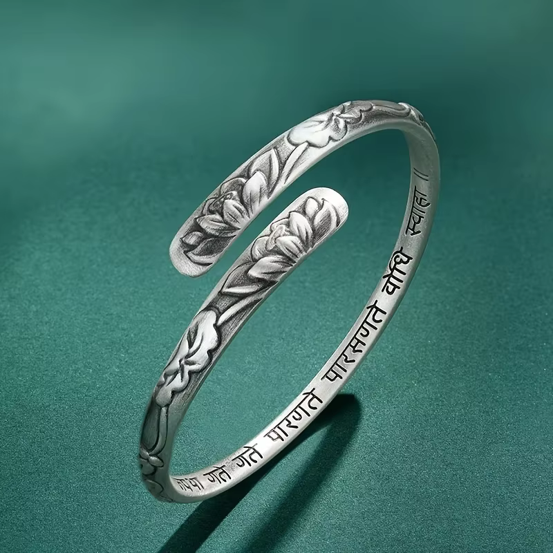 Bracelet manchette Vintage en argent thaïlandais 925 pour femmes, fleur de Lotus, Om Mani Padme Hum,