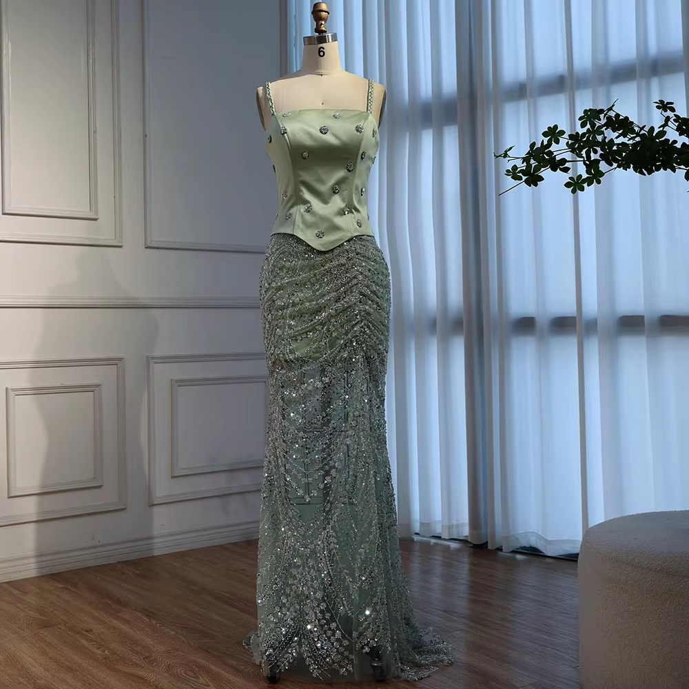 Robe de soirée de luxe en perles vert sauge, avec bretelles Spaghetti, pour occasions formelles, 202