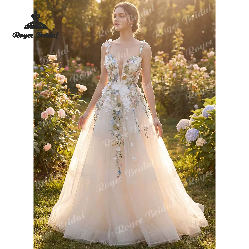 Robes de mariée rustiques florales coupe trapèze 2026 avec appliques de fleurs sauvages colorées, co