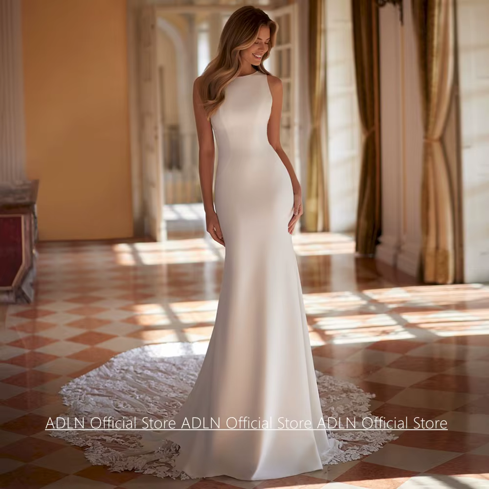 Robe de mariée sirène personnalisée, élégante, col rond, sans manches, avec appliques de sequins et 