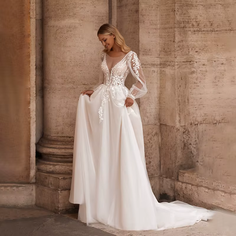 Robes De mariée De luxe à manches bouffantes personnalisées, col en v, ligne a, avec applications en