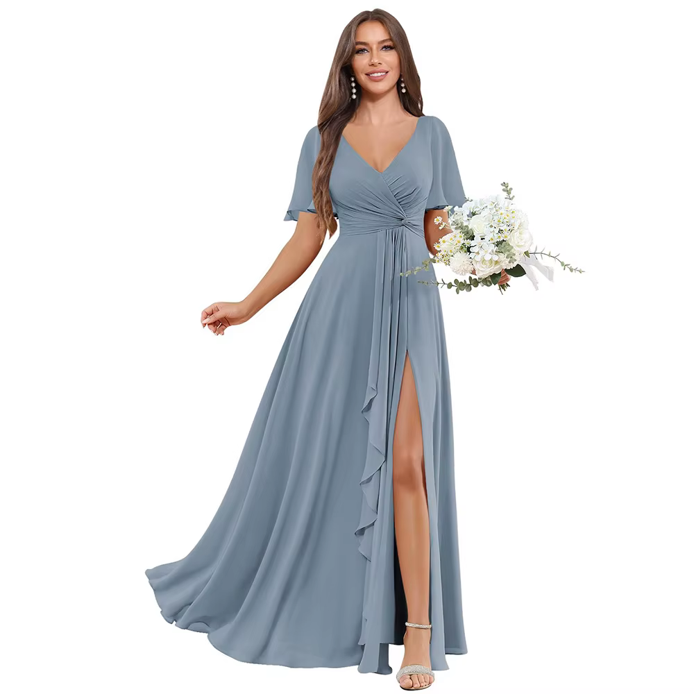 Robes de demoiselle d'honneur élégantes en mousseline de soie, avec manches, ligne A plissée, robe d