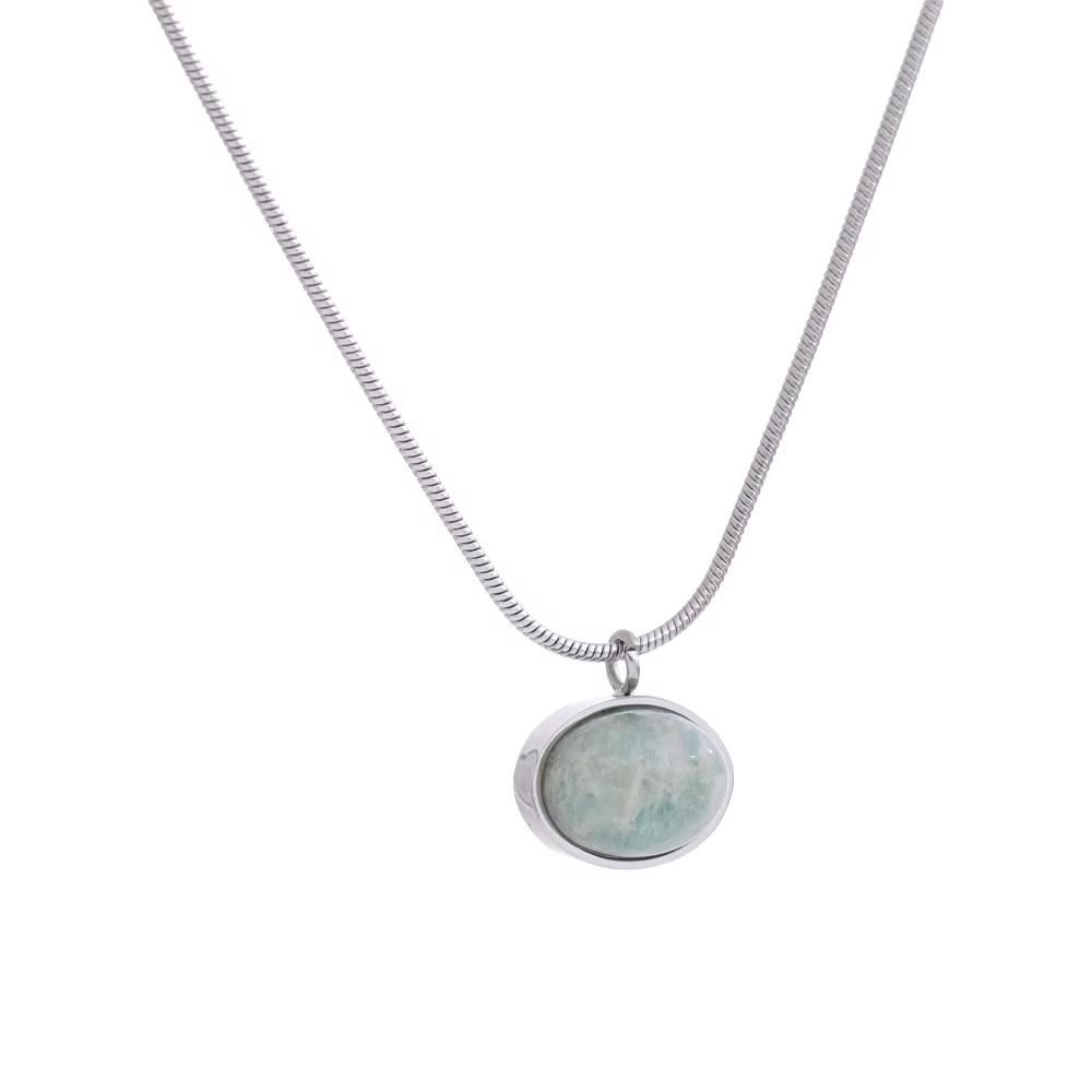 NiNice – collier avec pendentif ovale en pierre d'amazonite naturelle, étanche, en acier inoxydable,