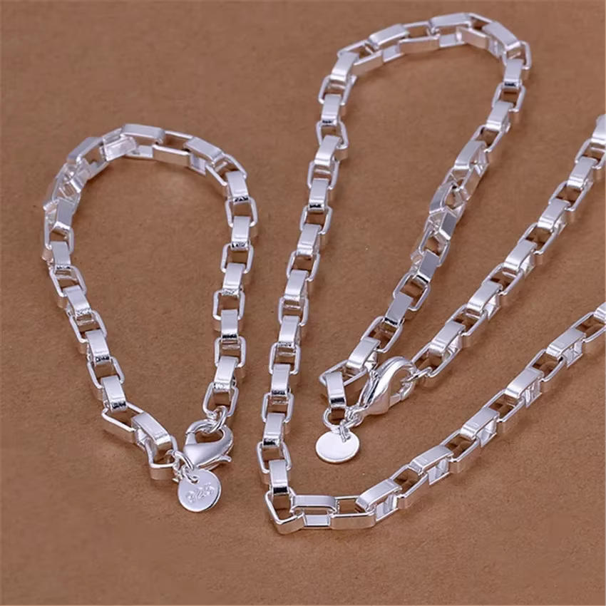 925 argent sterling classique 5MM longue boîte chaîne Bracelets collier ensemble de bijoux pour homm