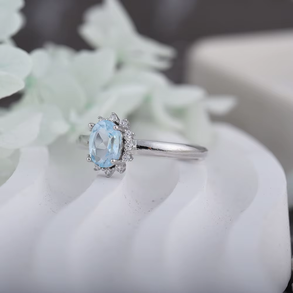 Bague Fleur Topaze Bleue Ciel ITSMOS, Pierre Précieuse Taille Marquise, Grappe Florale Empilable, Bi