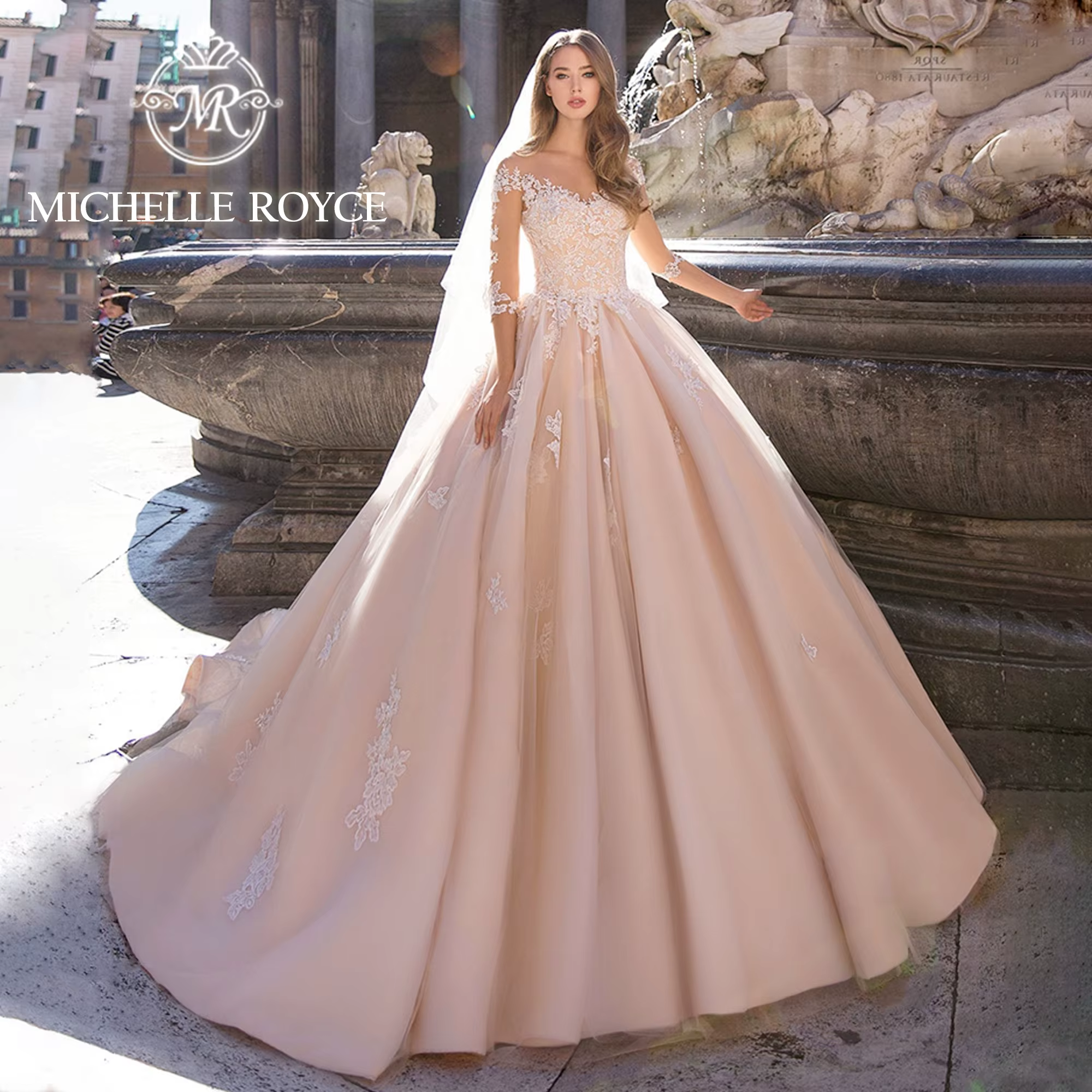 Michelle Royce-Robe de mariée à demi-manches pour femmes, robe de Rh, appliques de mariée élégantes,