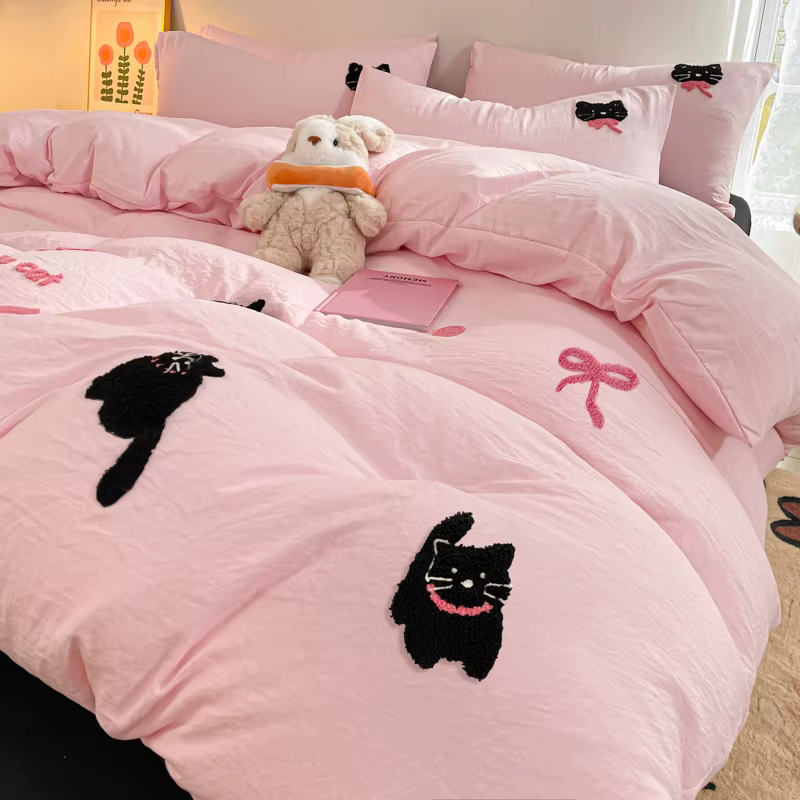 Parure de lit brodée de chat noir, style coréen, rose, coton lavé, housse de athlon, linge de lit en