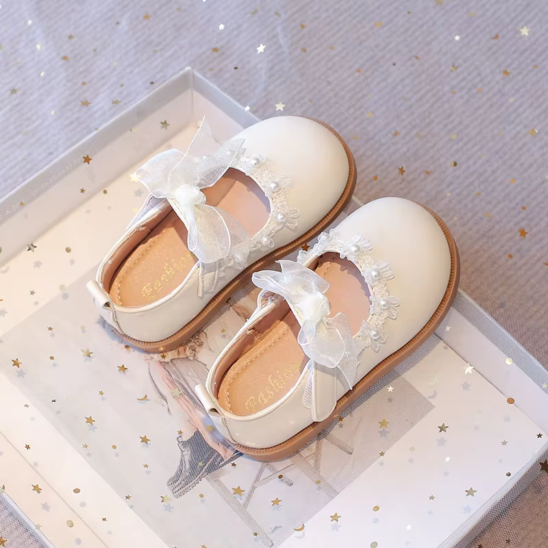 Chaussures plates en cuir avec nœud papillon en dentelle et perles pour bébé fille, chaussures Mary 