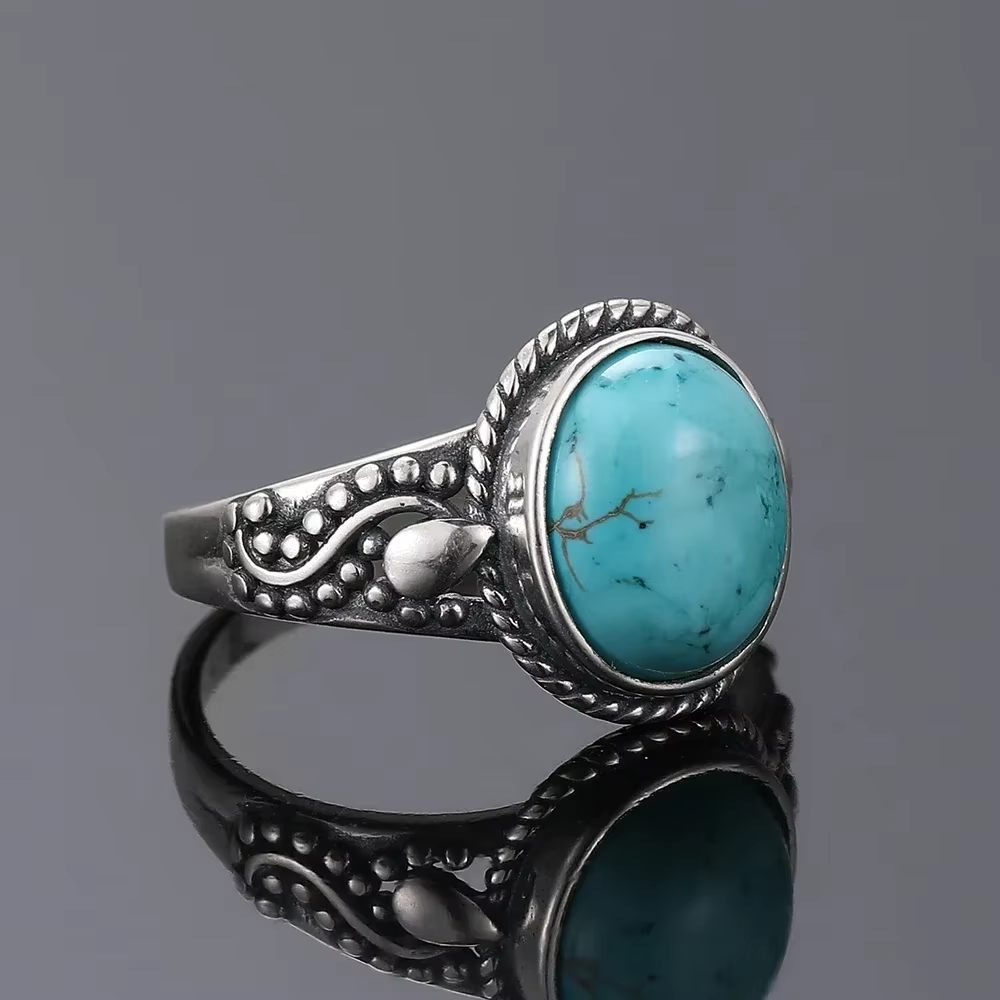 Bague vintage plaquée argent avec turquoise naturelle, bijoux de luxe, cadeau pour fête, anniversair