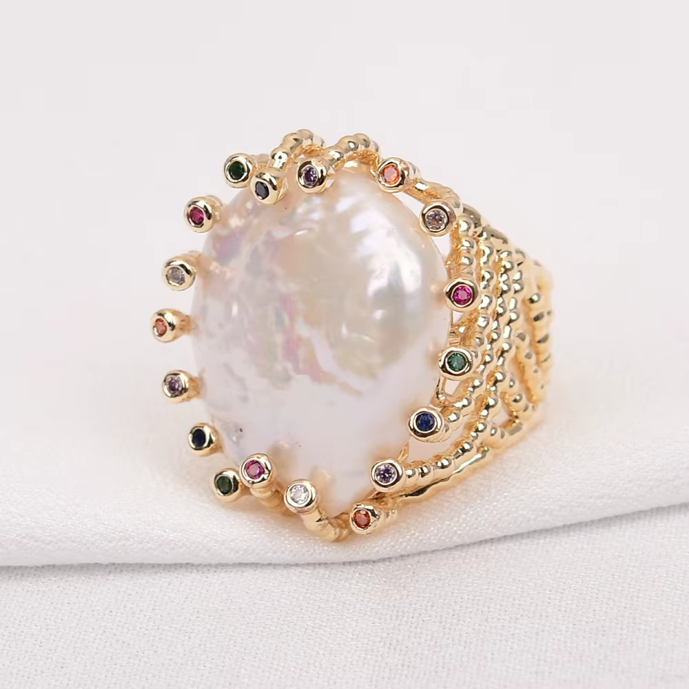 G-G pièce de monnaie blanche de culture Keshi perle anneaux mélange couleur CZ pavé bague plaquée or