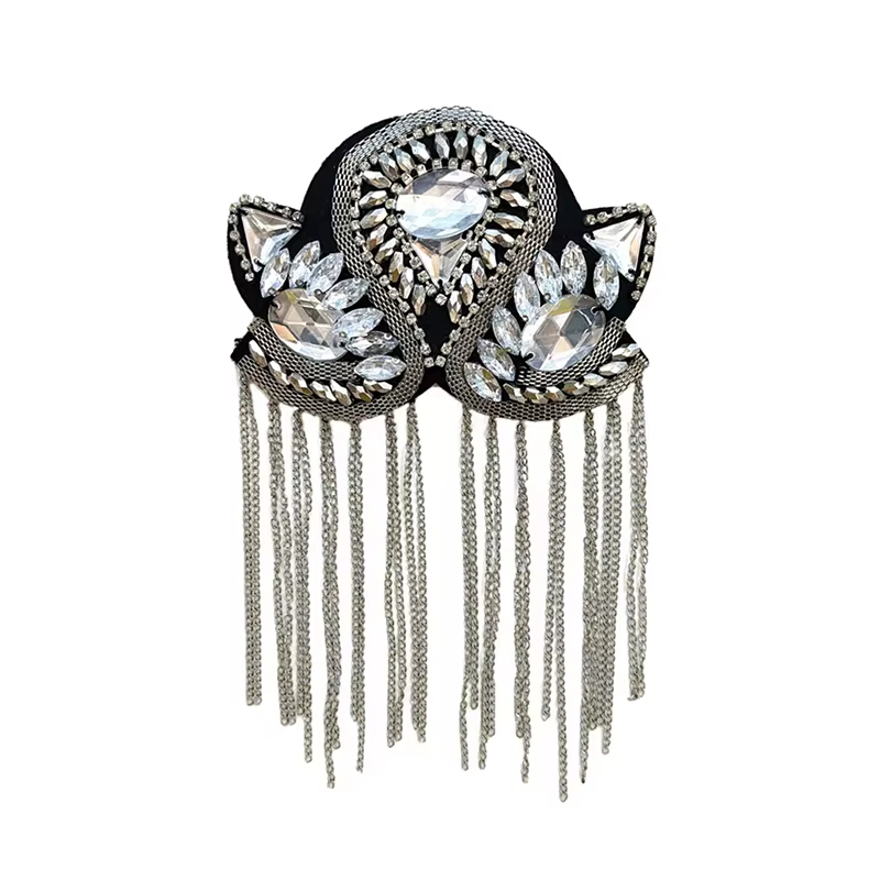 Broche d'épaule avec pompons et strass, bijoux faits à la main, épaulettes brillantes, décoration de