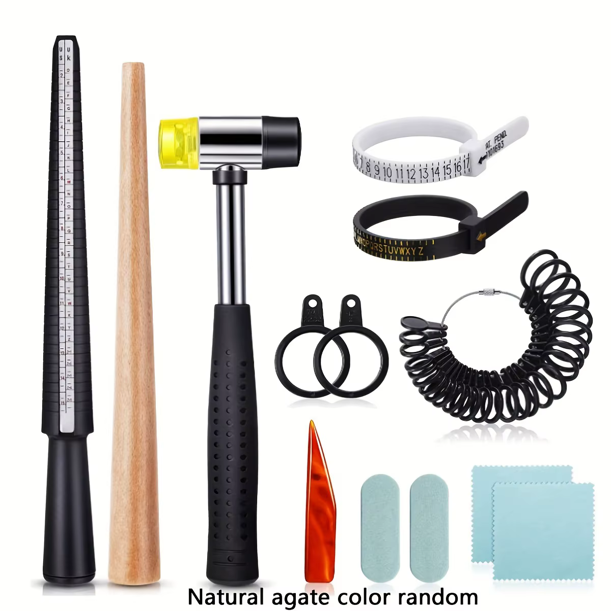 Kit de fabrication de bijoux 11 pièces avec tige de polissage, marteau en caoutchouc et jauge à doig