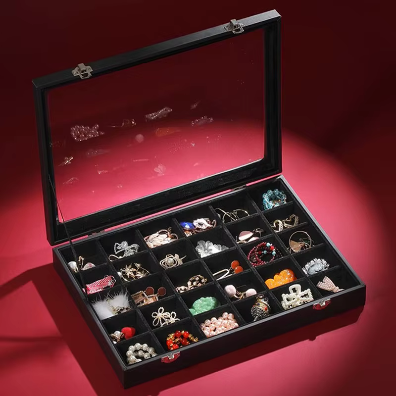 Couvercle transparent 30 grilles, boîte de rangement de bijoux, mallette de rangement, vitrine, plat