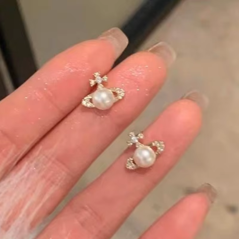 Saturne planète forme perle Bling Zircon diamants mignon petites boucles d'oreilles pour femme or bl