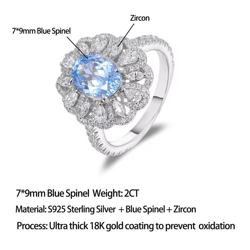 Bague de fiançailles LinkerLove en argent S925 avec spinelle bleue ovale 2 carats et accents de zirc