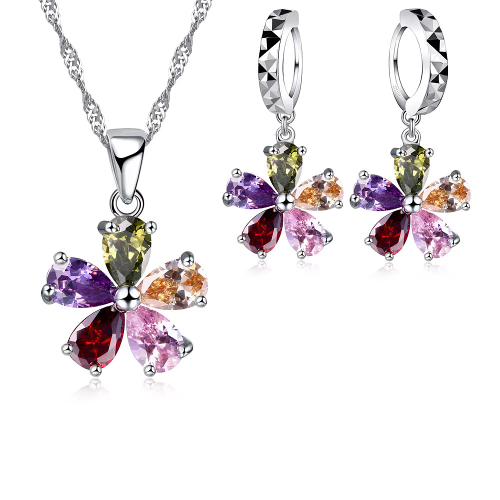 Ensemble de bijoux brillants en argent Sterling 925, fleur Fine colorée, pendentif en cristal CZ, co