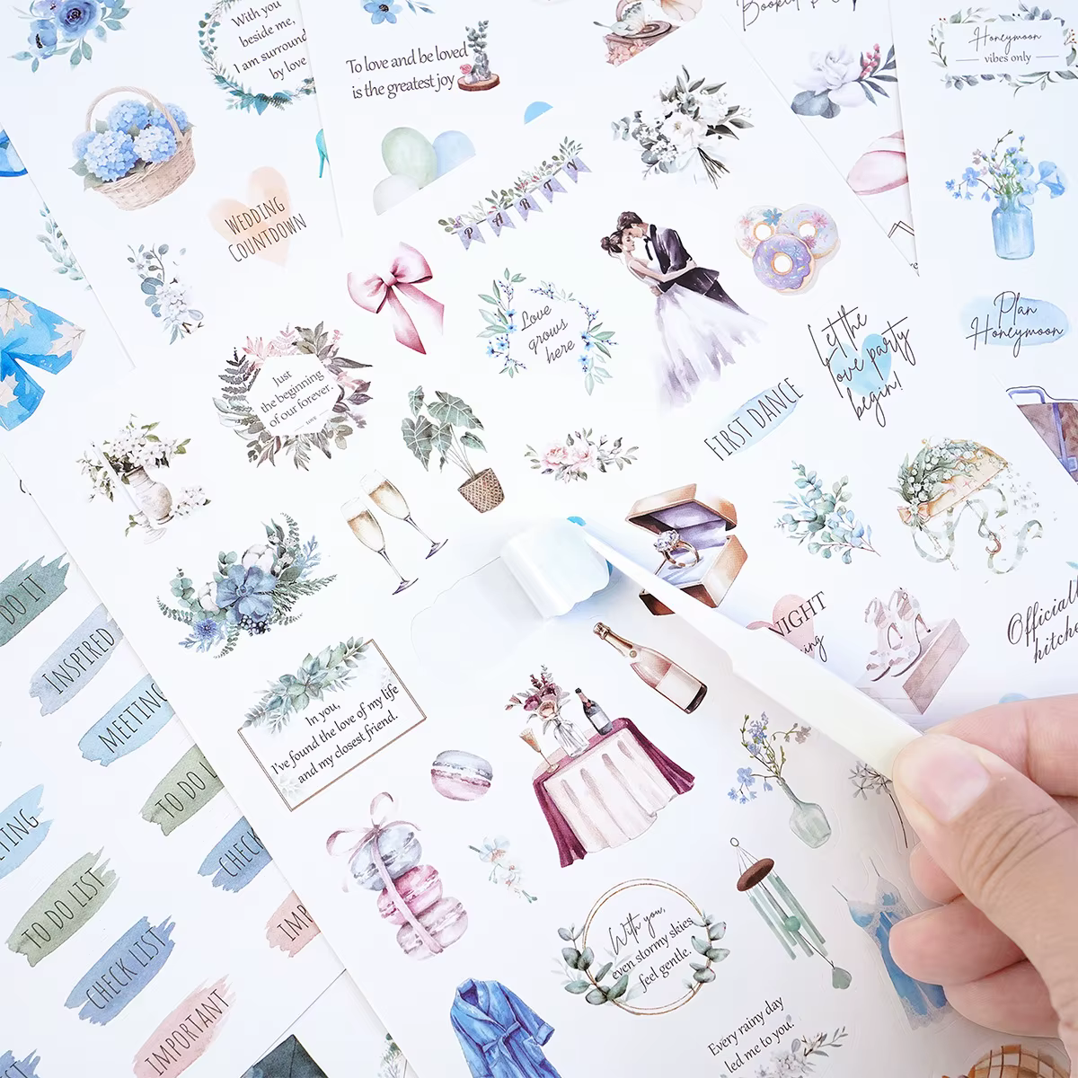 Autocollants à thème mariage en aquarelle fraîche, style ton bleu Morandi, éléments floraux robe de 