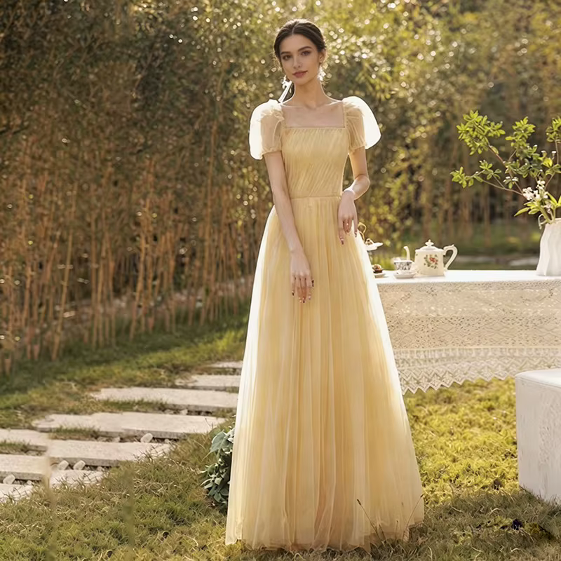 Robes de Demoiselle d'Honneur Élégantes Jaunes 2026 Nouvelle Collection Coupe A-Line Longueur Ras du