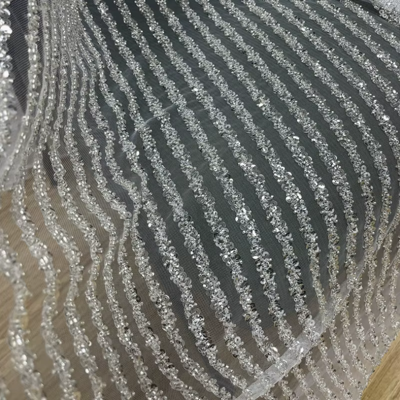 Tissu en maille de dentelle rayée à paillettes pour robe de mariée, matériel de couture fait à la ma