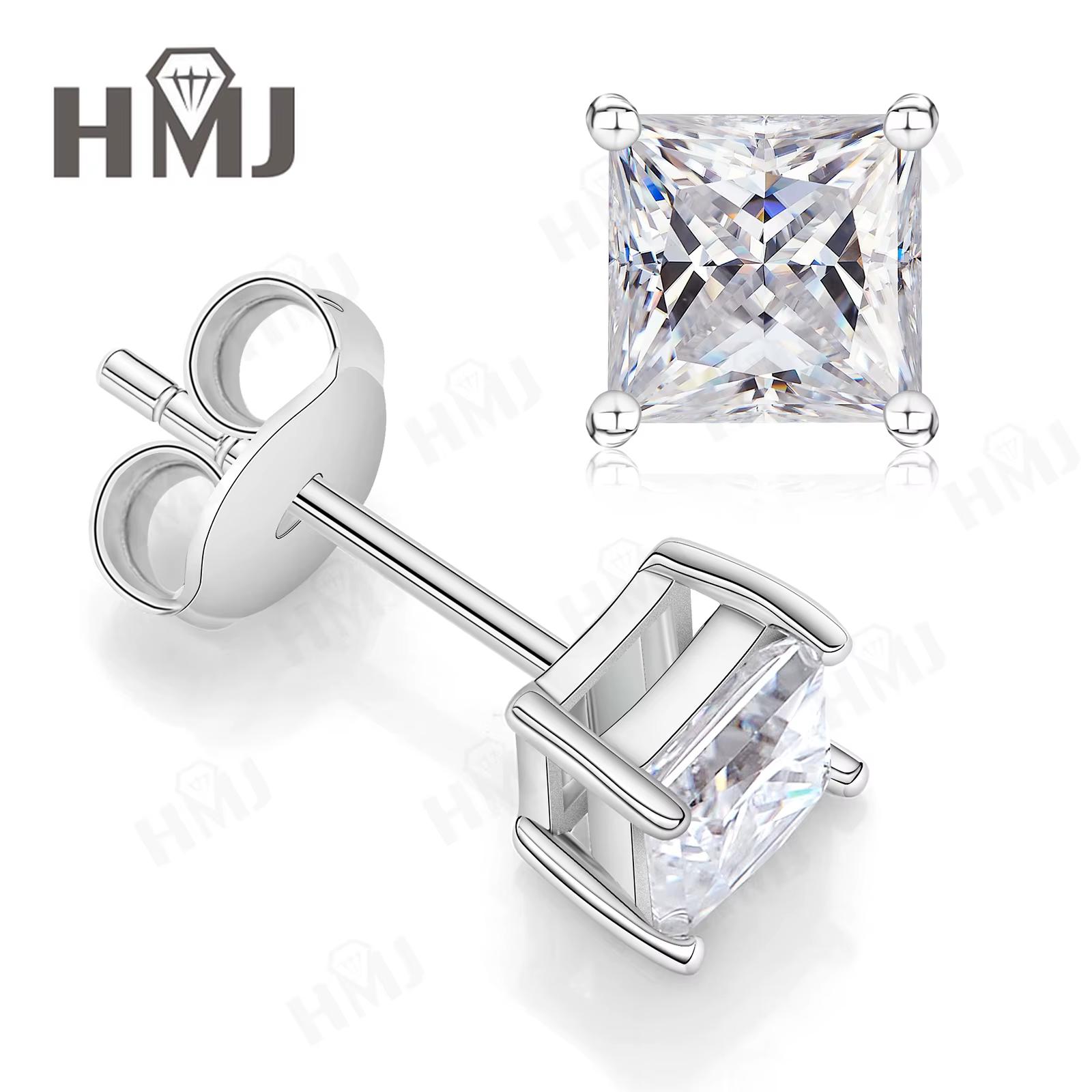 HMJ Moissanite boucles d'oreilles princesse coupe D couleur 925 argent plaqué blanc 18K or bijoux po